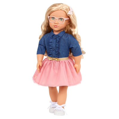 18-inch Doll with Denim-Style Top & Pink Skirt