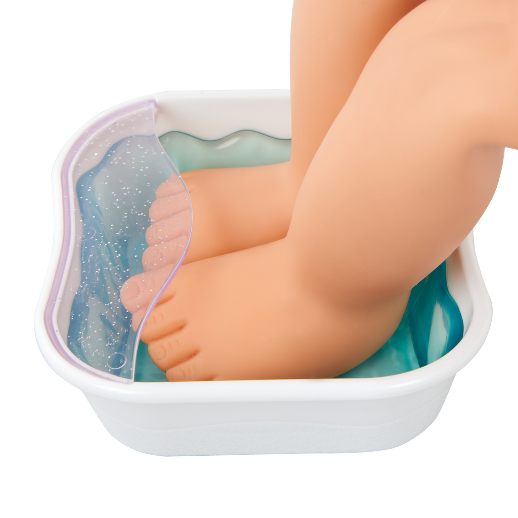 Our Generation foot bath spa playset with 18 inch doll with blond hair and hazel eyes