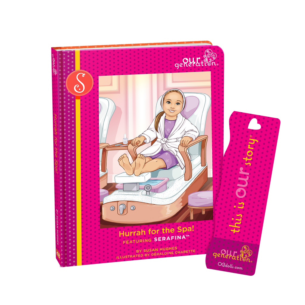 Our Generation story book in spa playset with 18 inch doll with blond hair and hazel eyes