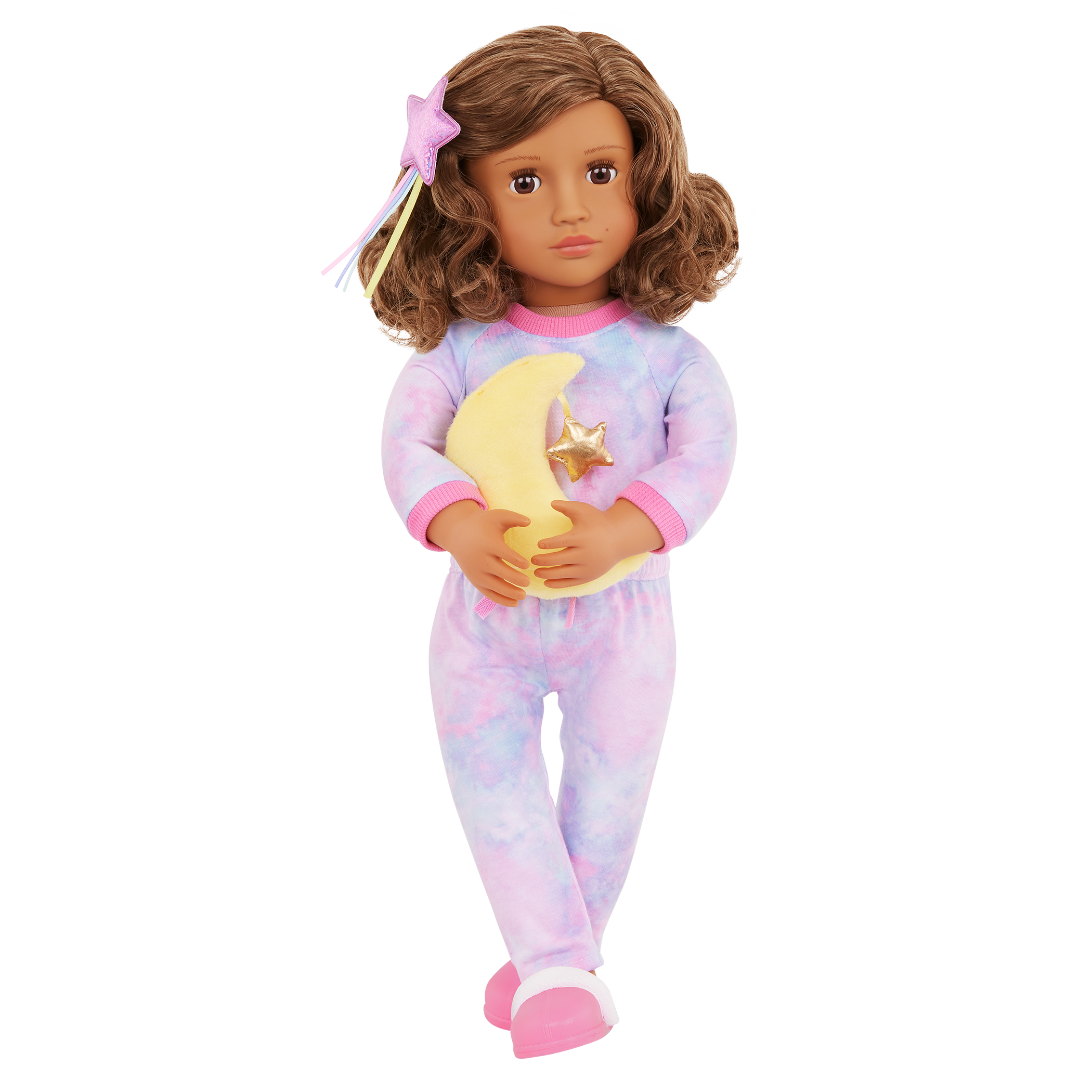 Our Generation Luna 18-inch doll with brown hair and brown eyes slumber party pajama