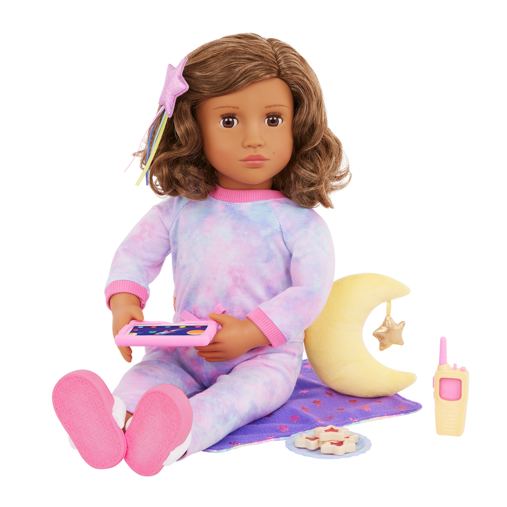 Our Generation Luna 18-inch doll with brown hair and brown eyes slumber party pajama