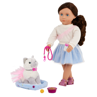 Our Generation 18" Doll Mindy, her Pet Cat Pepper and cat accessories