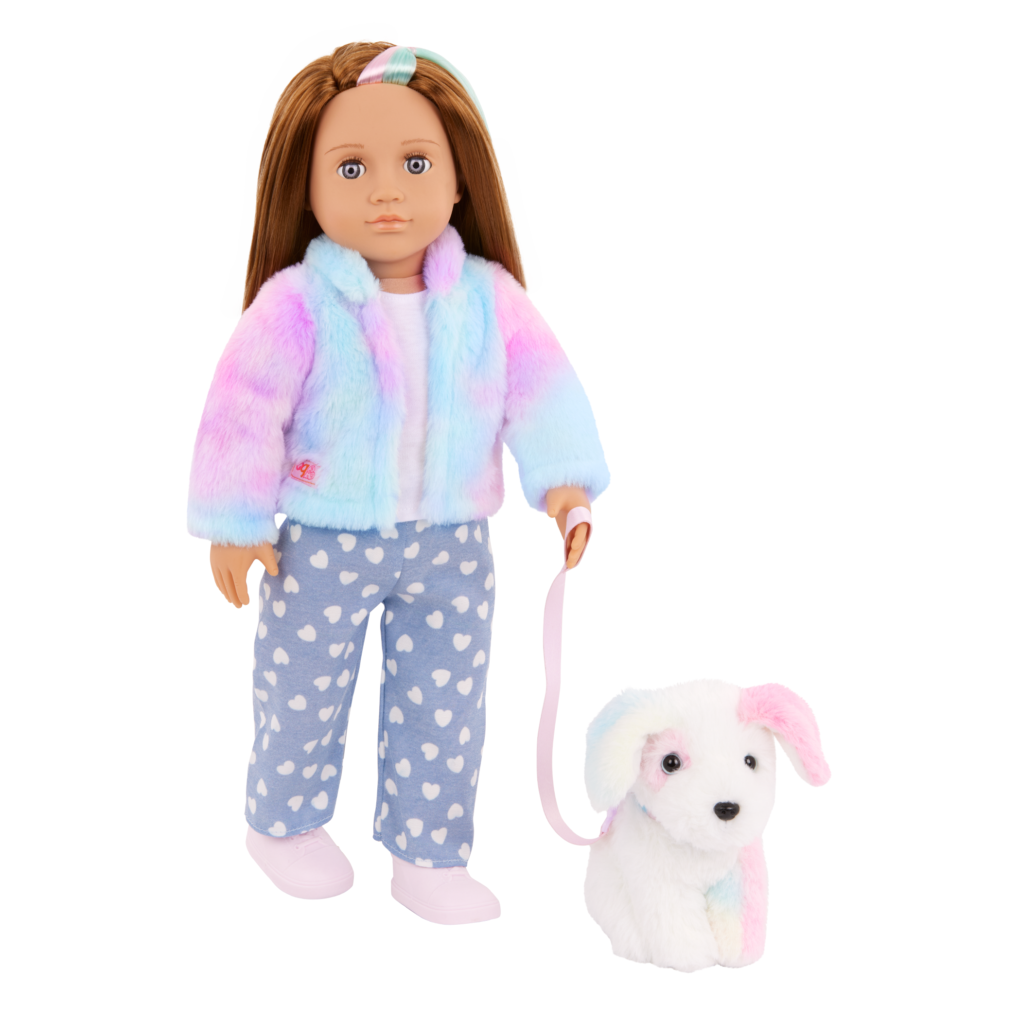 Our Generation Skylar & Bow playset with a 6 inch white pup and 18 inch doll with brown hair and violet eyes