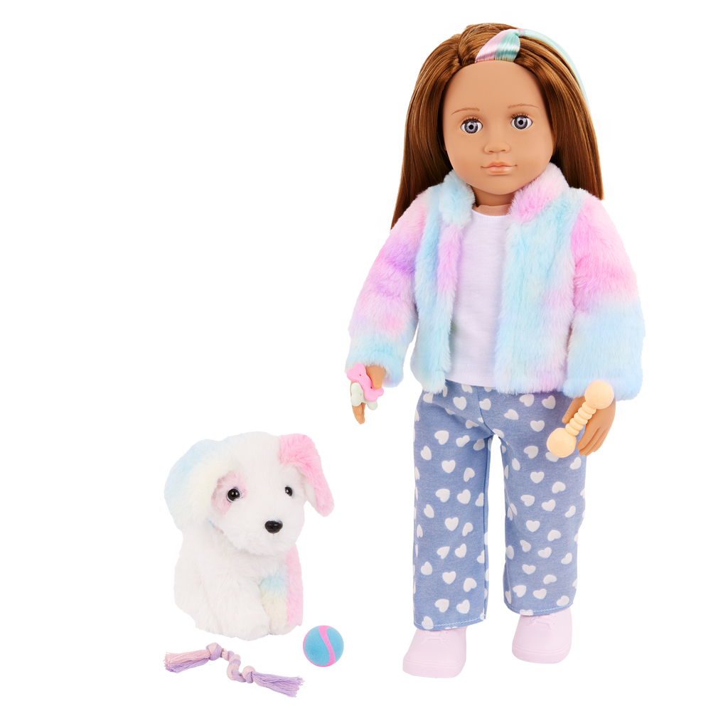 Our Generation Skylar & Bow playset with a 6 inch white pup and 18 inch doll with brown hair and violet eyes