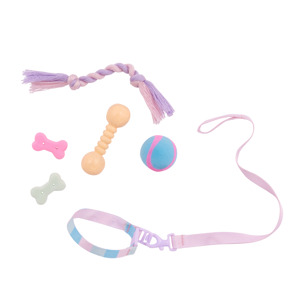 Our Generation Skylar & Bow playset with a 6 inch white pup and 18 inch doll with brown hair and violet eyes