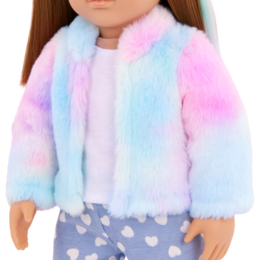 Our Generation Skylar & Bow playset with a 6 inch white pup and 18 inch doll with brown hair and violet eyes