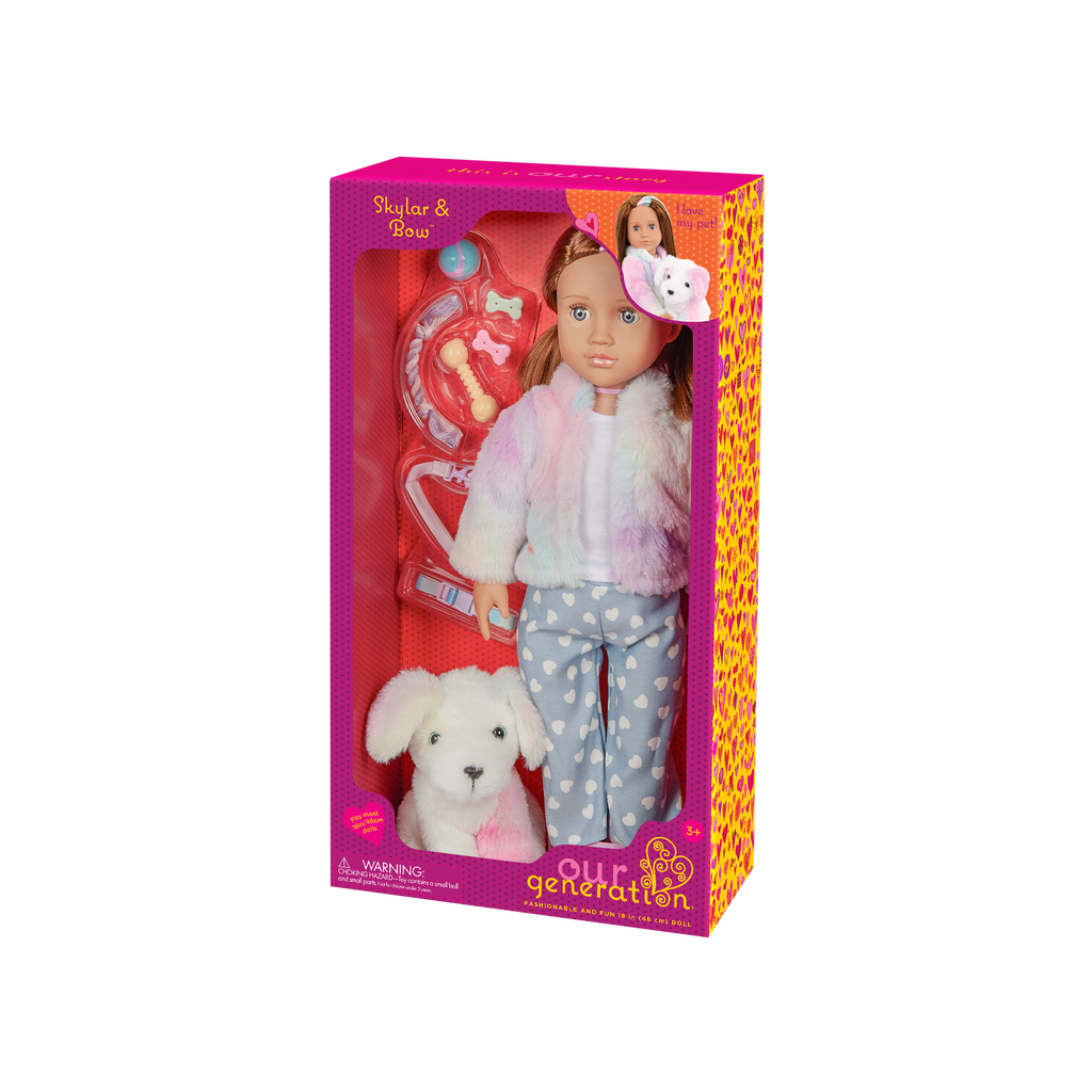 Our Generation Skylar & Bow playset with a 6 inch white pup and 18 inch doll with brown hair and violet eyes