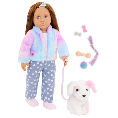Our Generation 18" Doll Skylar and her Dog Bow with dog toys and treats