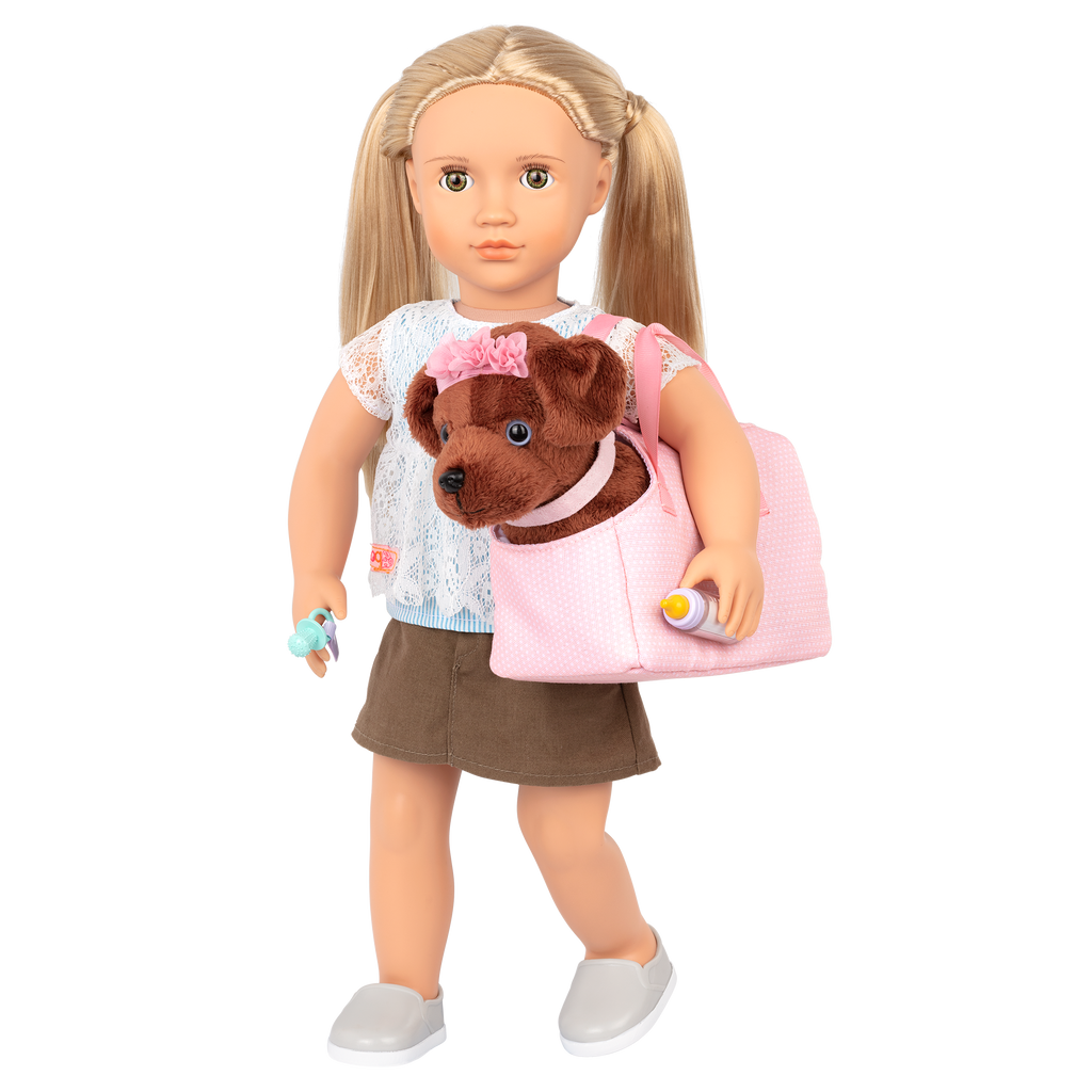 18-inch doll and dog plushie using pet care playset