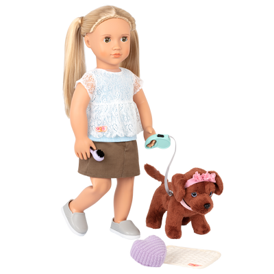 18-inch doll and dog plushie using pet care playset