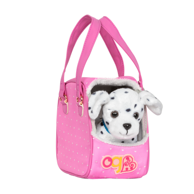 Dalmatian dog plushie in pet carrier