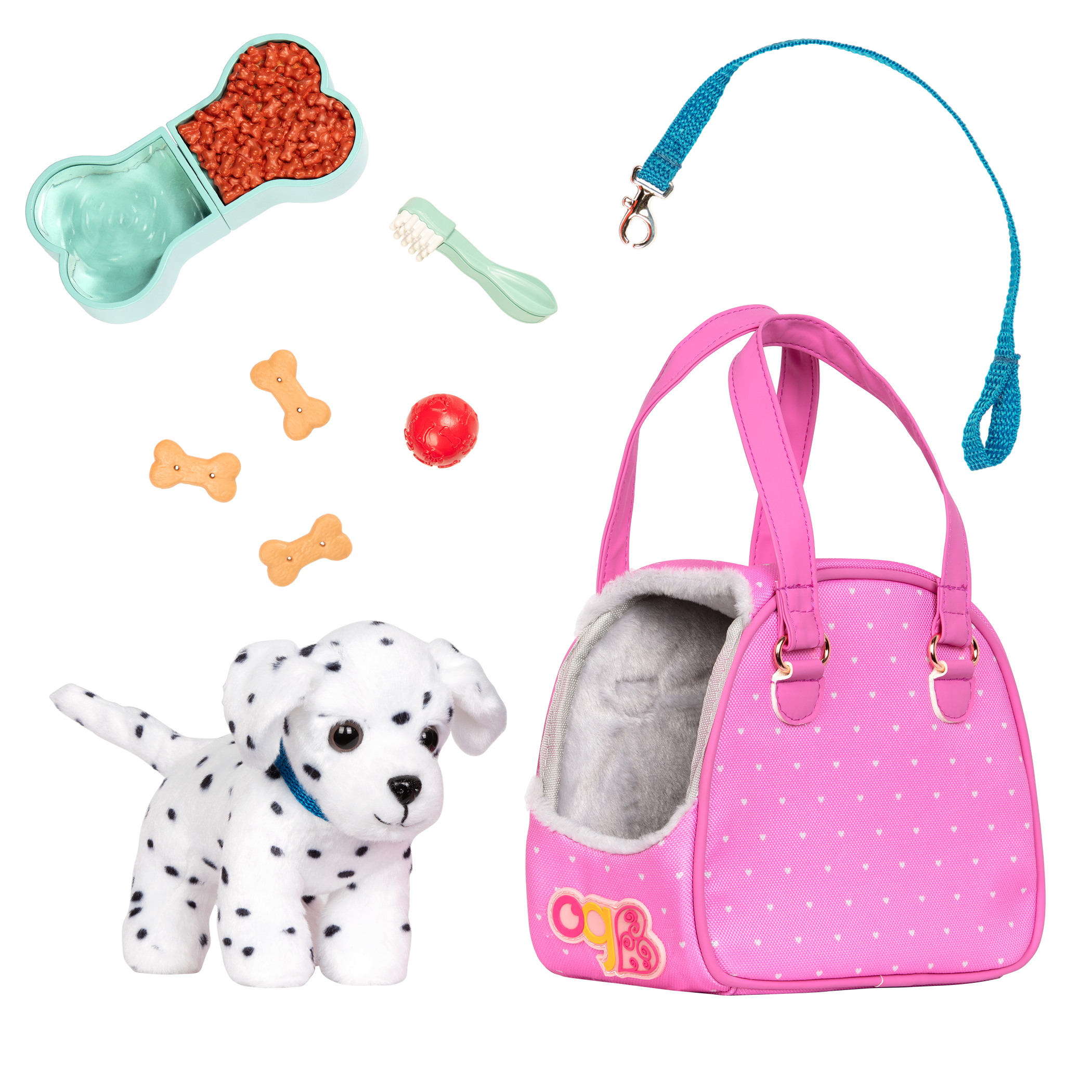 Dalmatian dog plushie in pet carrier