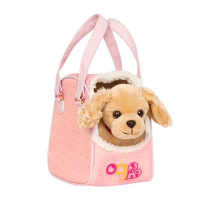 Cocker spaniel dog plushie in pet carrier