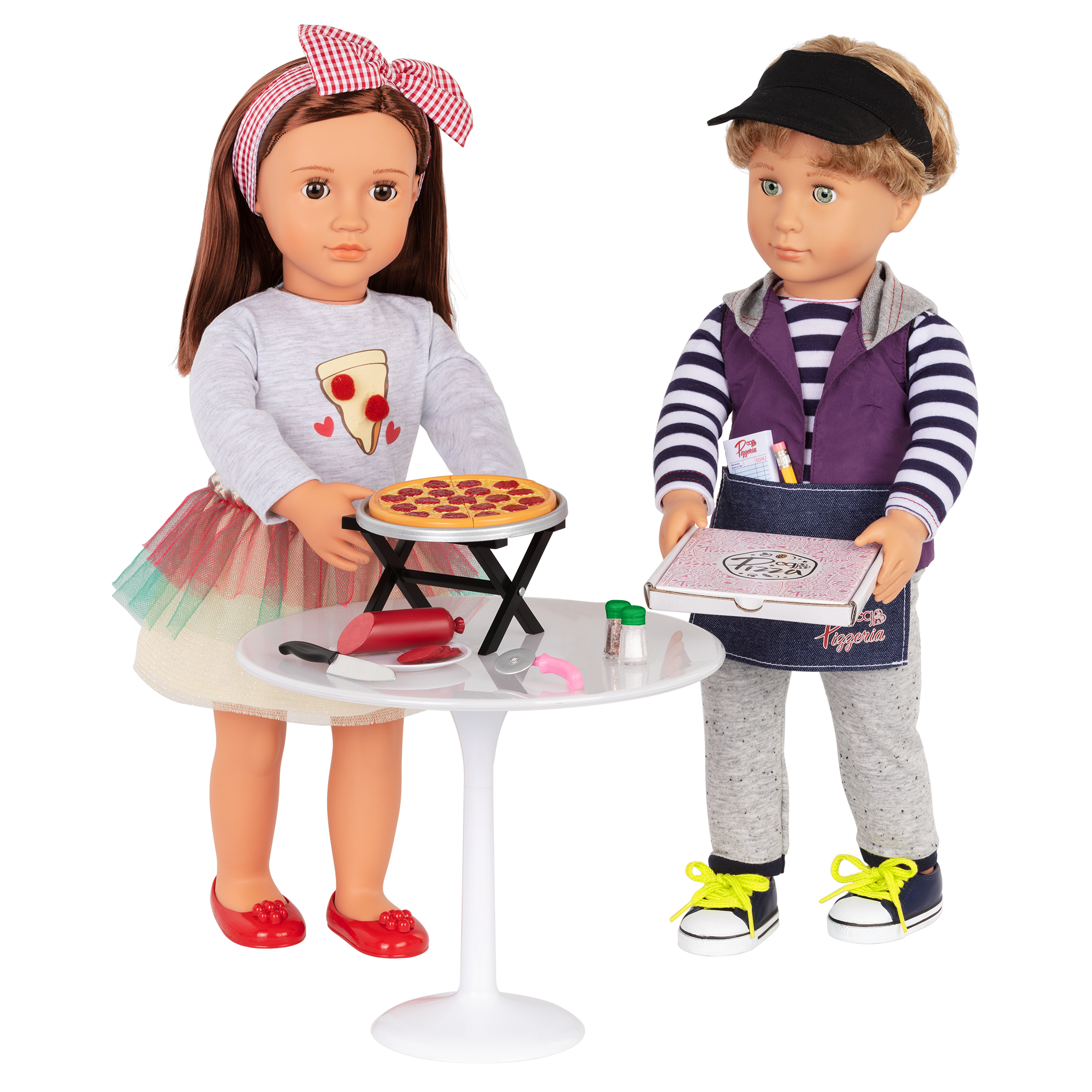 Two 18-inch dolls with pizzeria playset