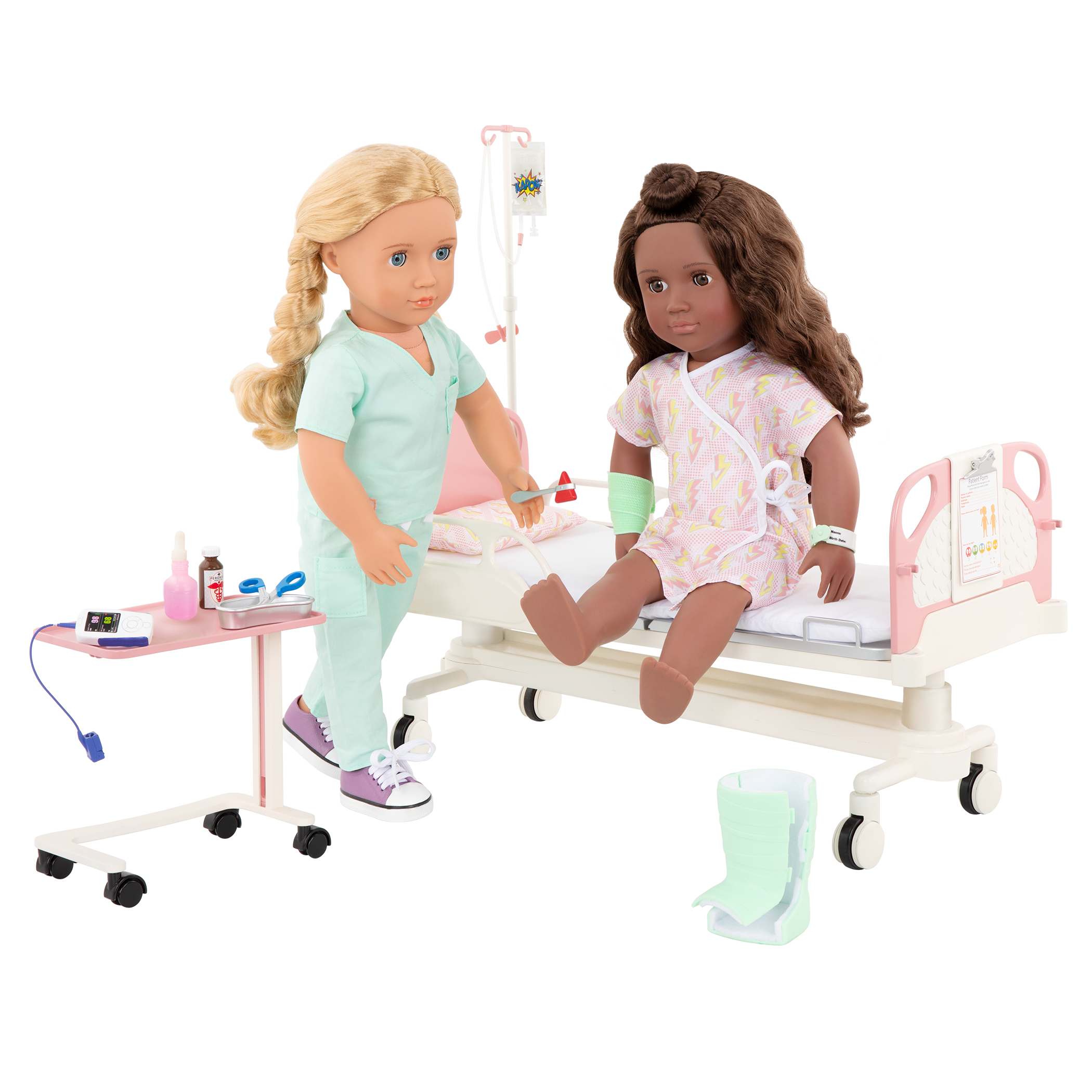 Two 18-inch dolls with hospital gurney playset