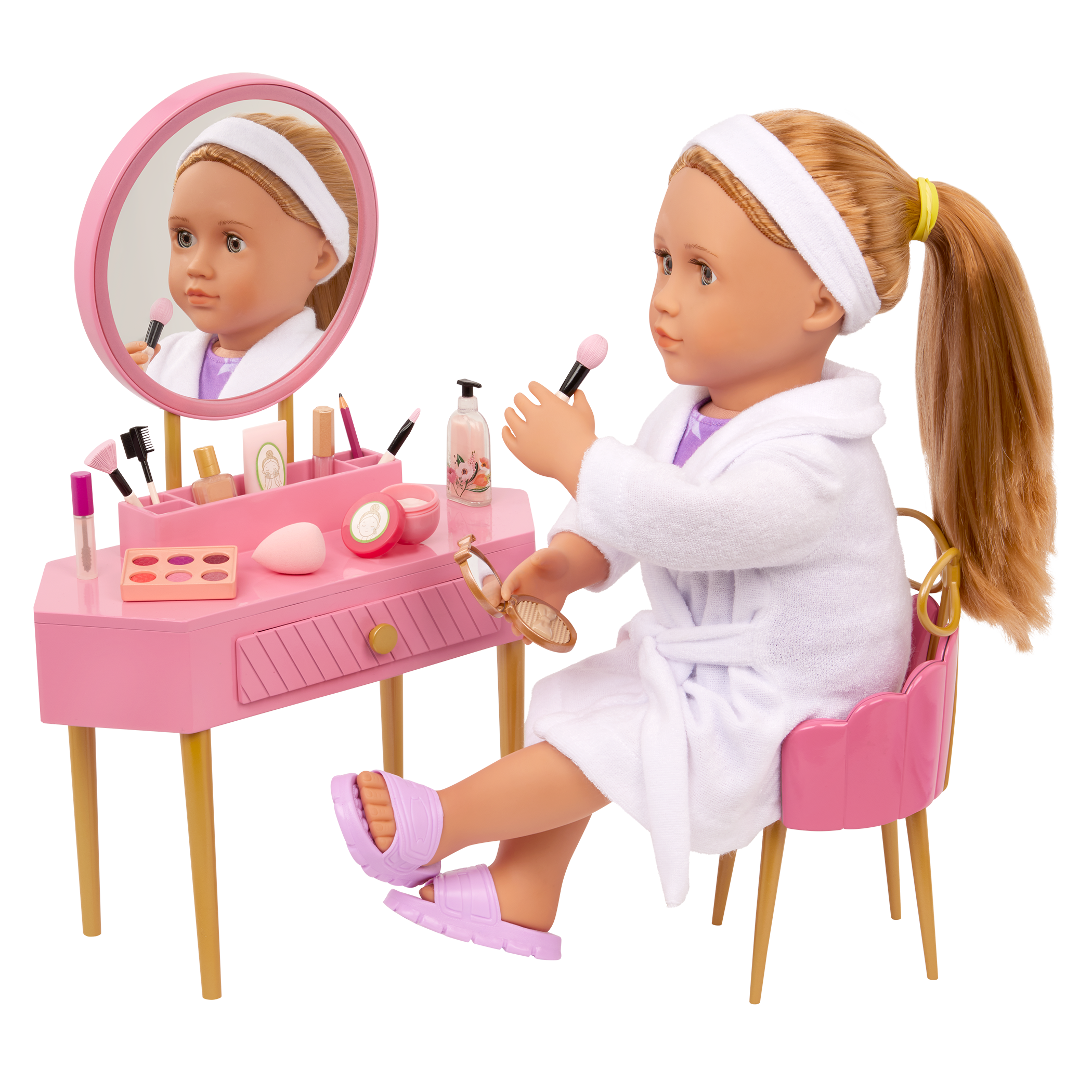 Our Generation Fabulous Fun Vanity Set for 18-inch Dolls including vanity table and chair, makeup and skin care