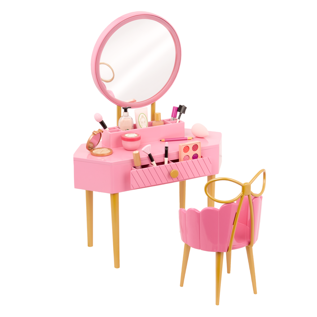Our Generation Fabulous Fun Vanity Set for 18-inch Dolls including vanity table and chair, makeup and skin care