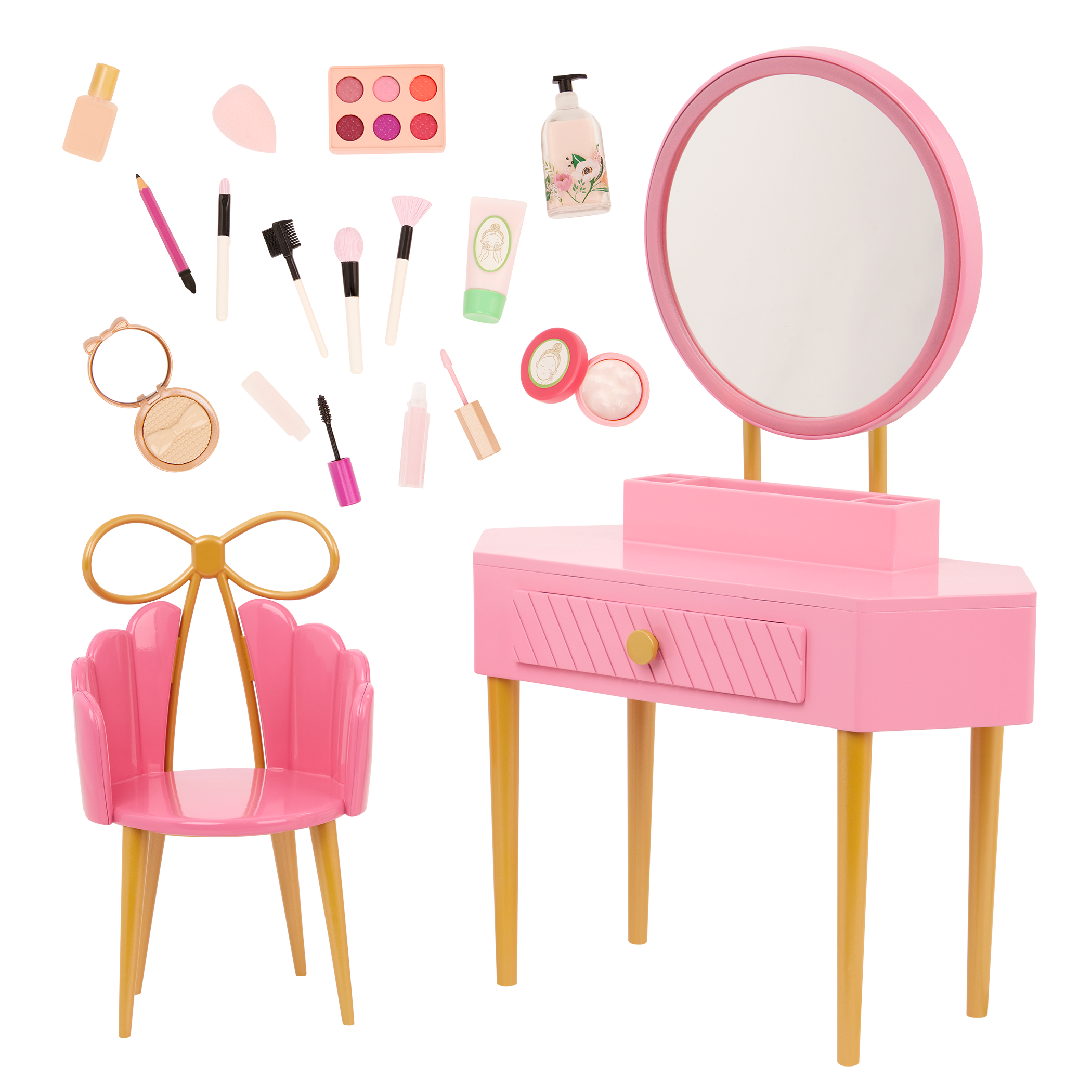 Our Generation Fabulous Fun Vanity Set for 18-inch Dolls including vanity table and chair, makeup and skin care