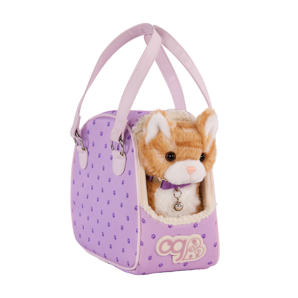 Our Generation Hop In Cat Carrier playset with a 6 inch orange cat