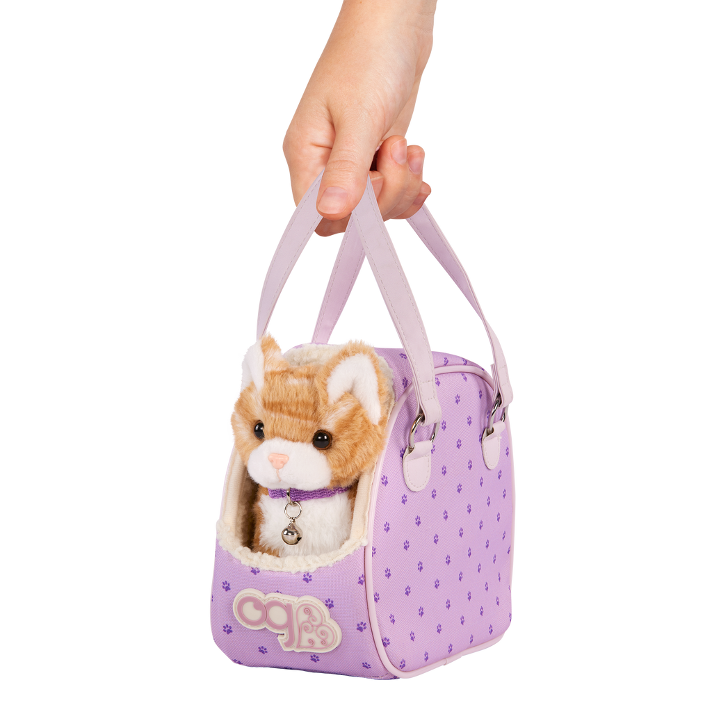 Our Generation Hop In Cat Carrier playset with a 6 inch orange cat