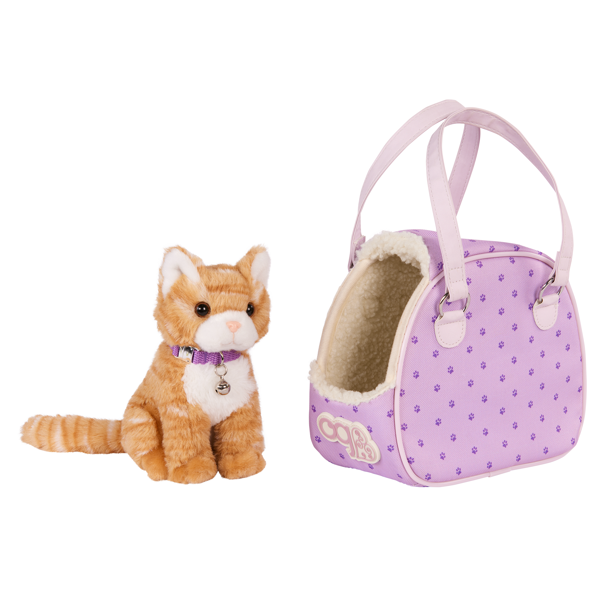 Our Generation Hop In Cat Carrier playset with a 6 inch orange cat