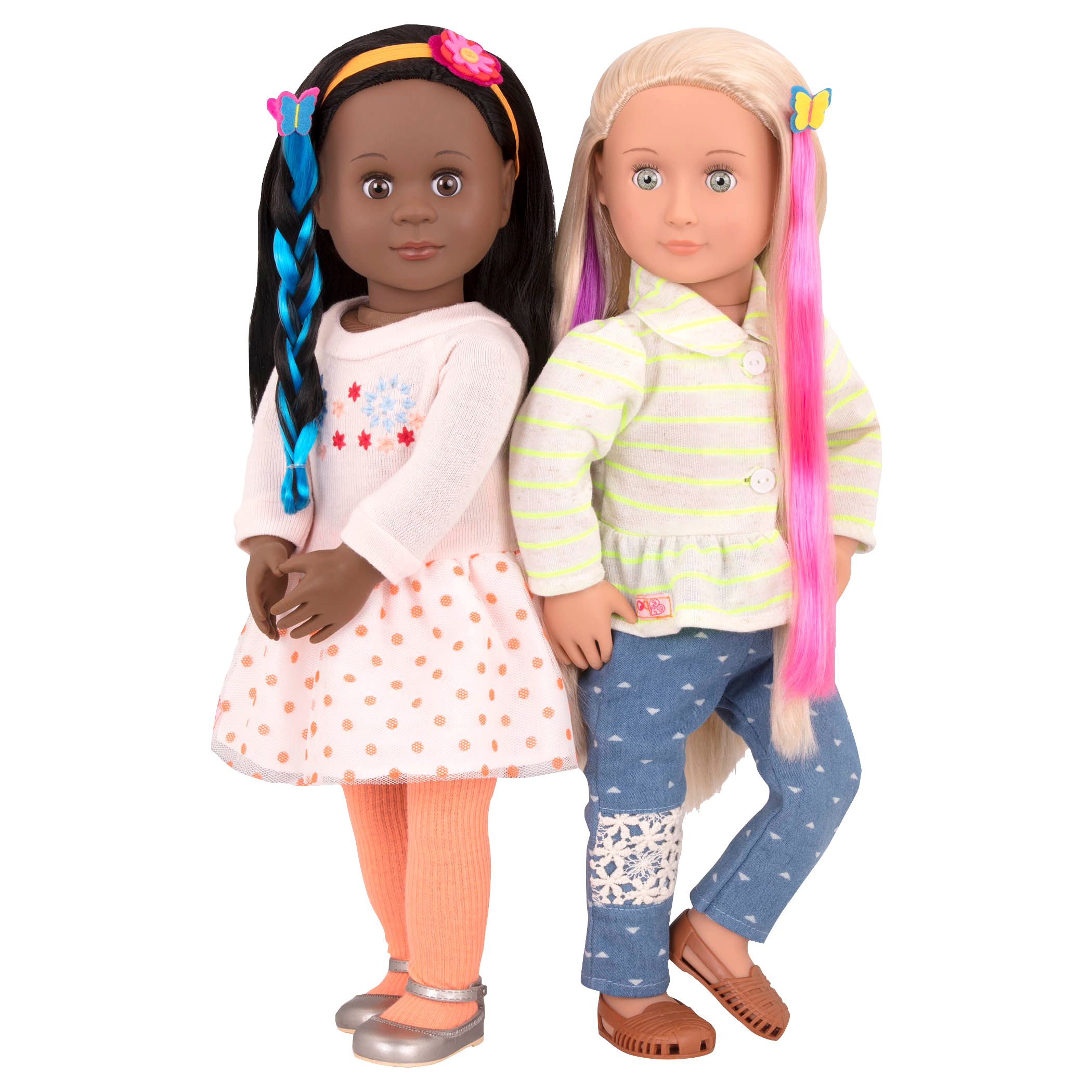 Two 18-inch dolls with colorful hair accessories