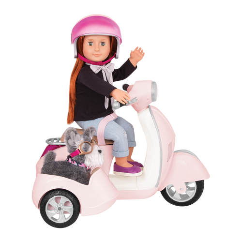Sabina and Pup riding in Ride Along Scooter with Sidecar