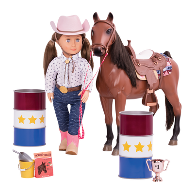 18-inch doll with barrel horseracing playset