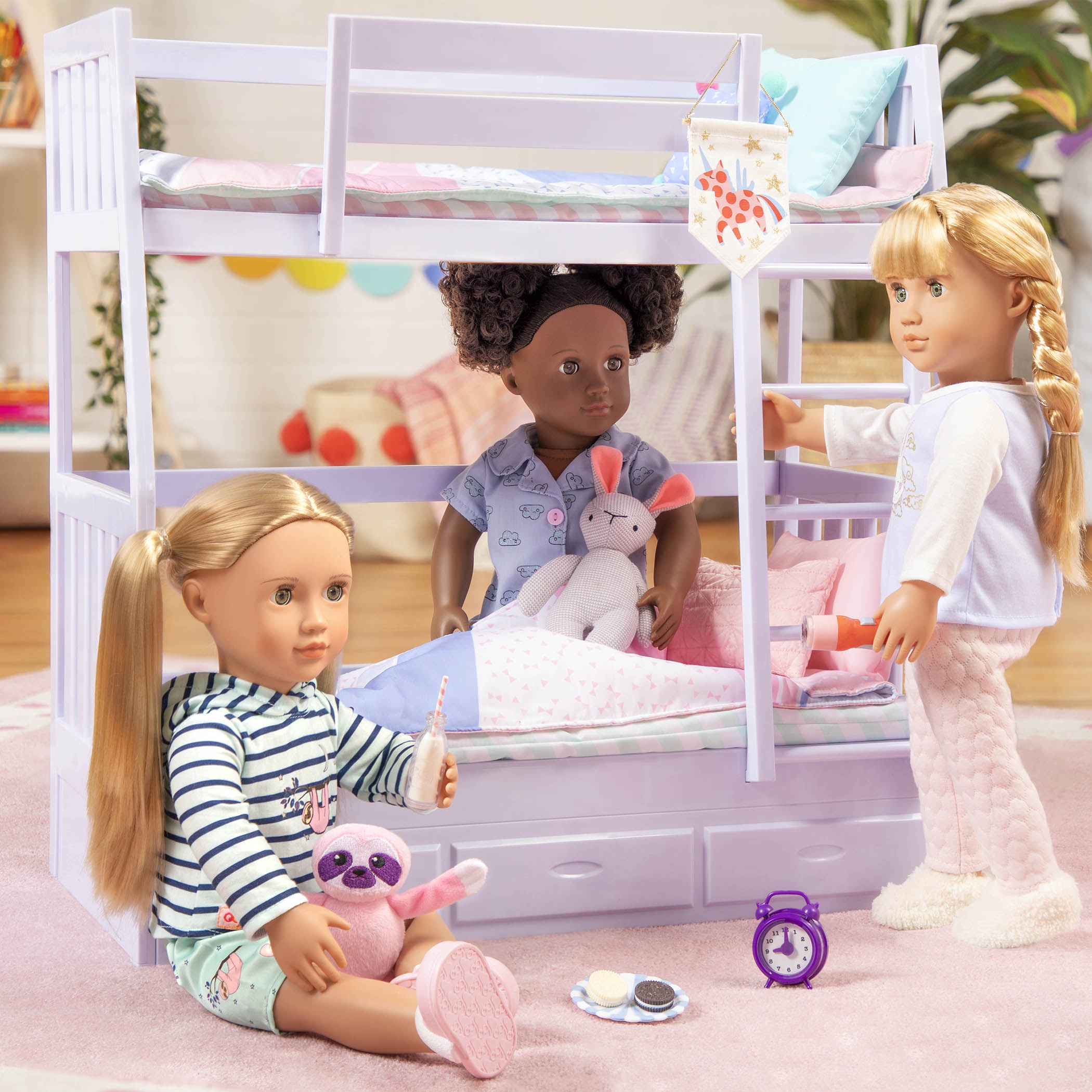 Sloth-themed pajamas with sloth plushie and alarm clock for 18-inch doll