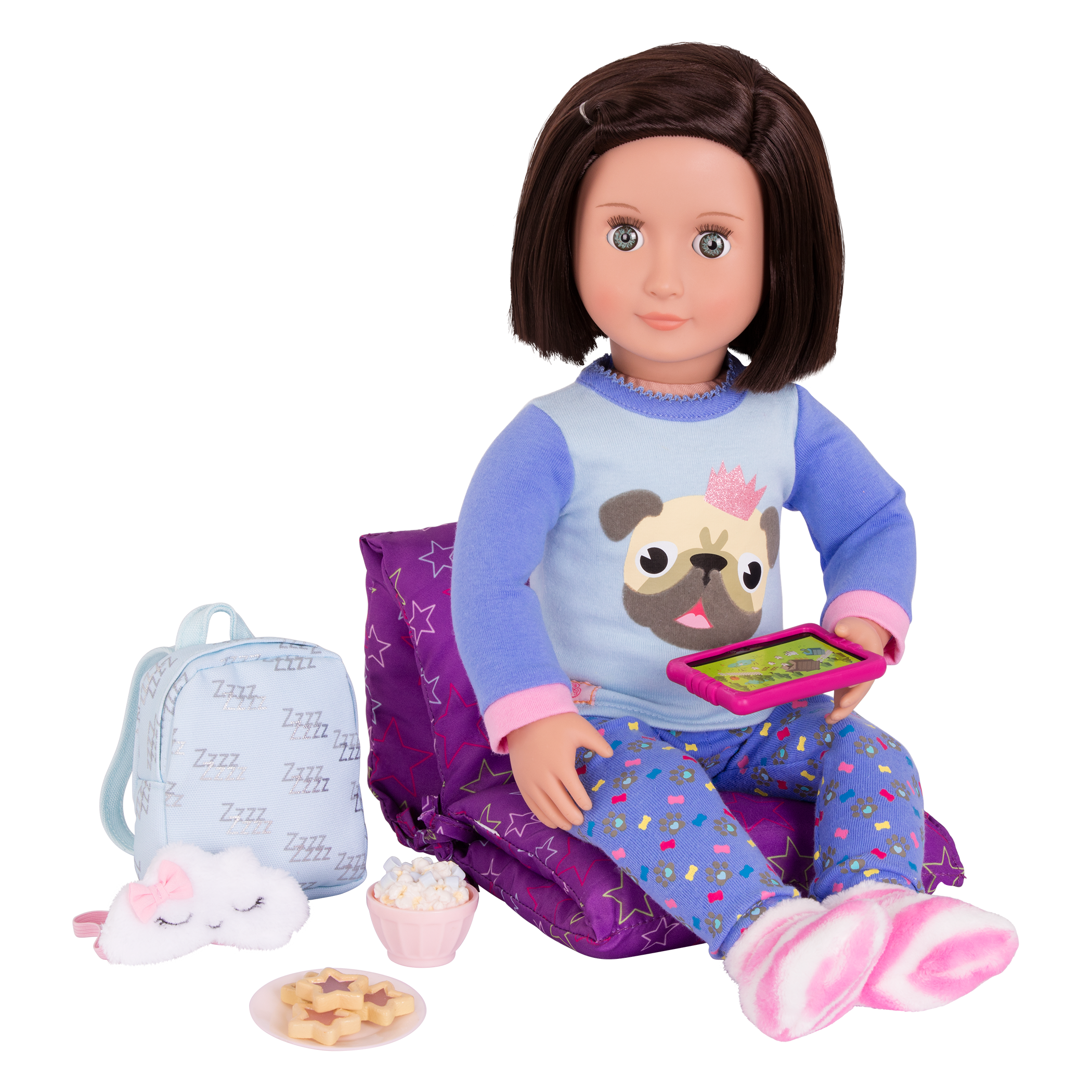18-inch doll with sleepover playset