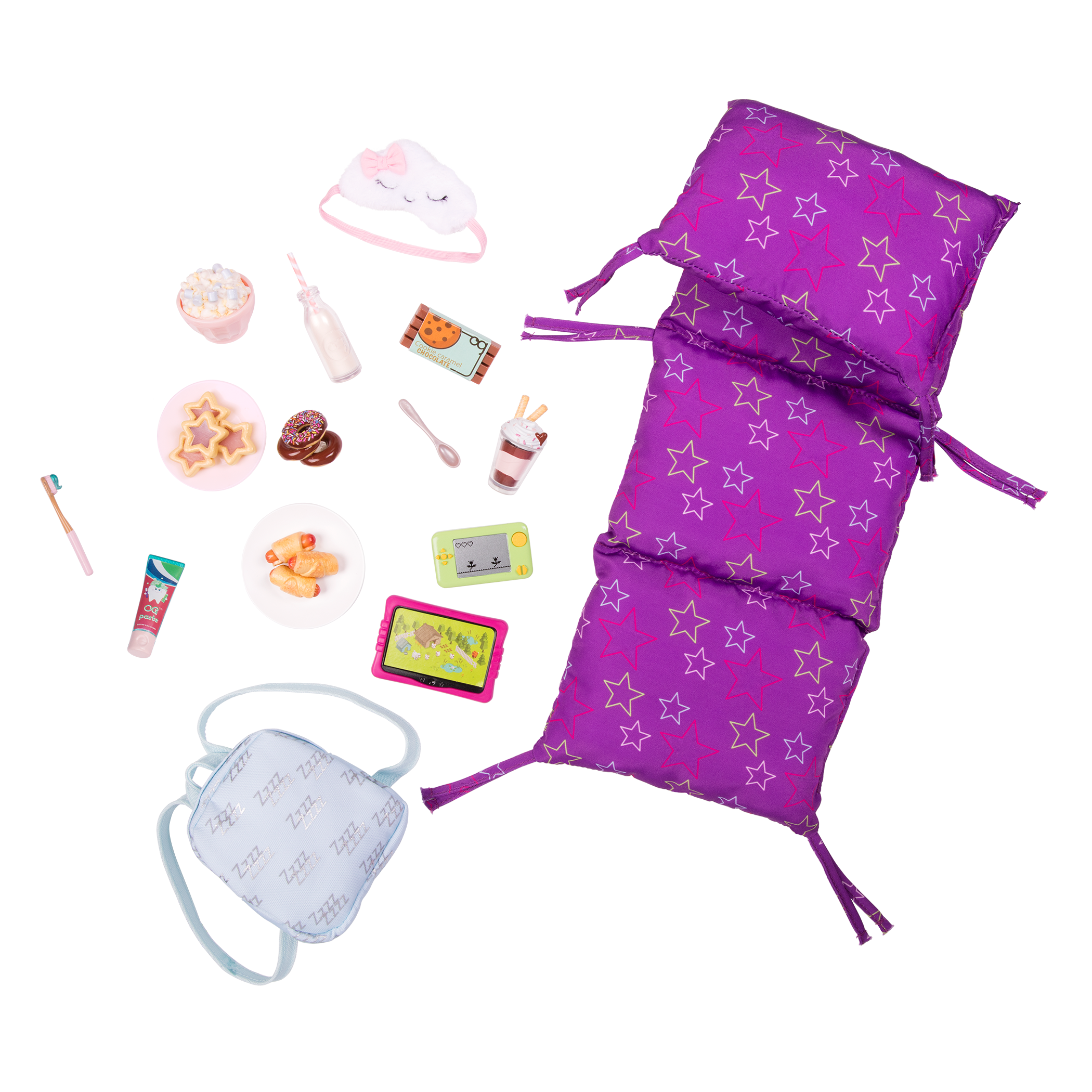 18-inch doll with sleepover playset