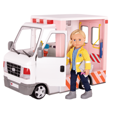 18-inch doll with toy ambulance