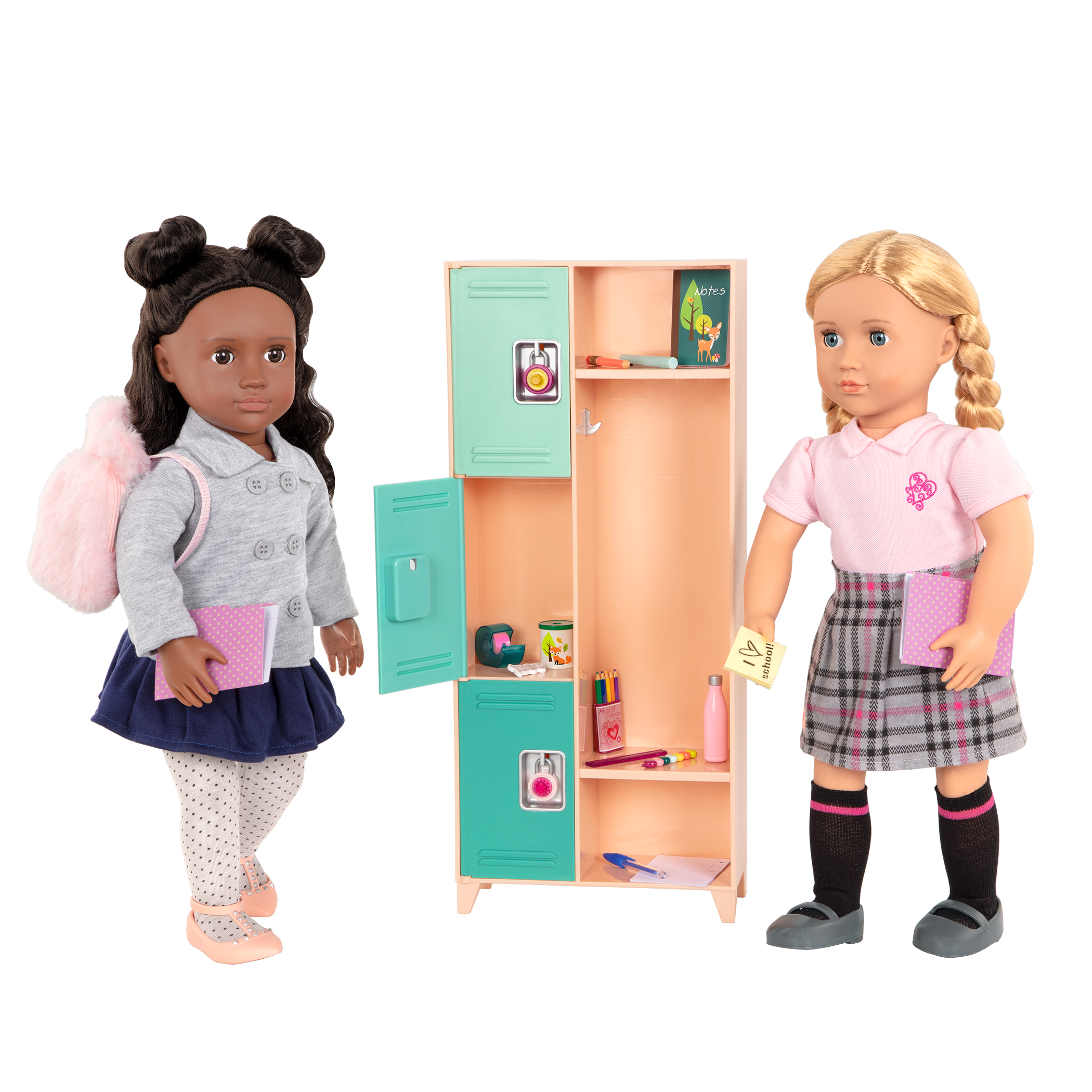 Two 18-inch dolls with school supply playset