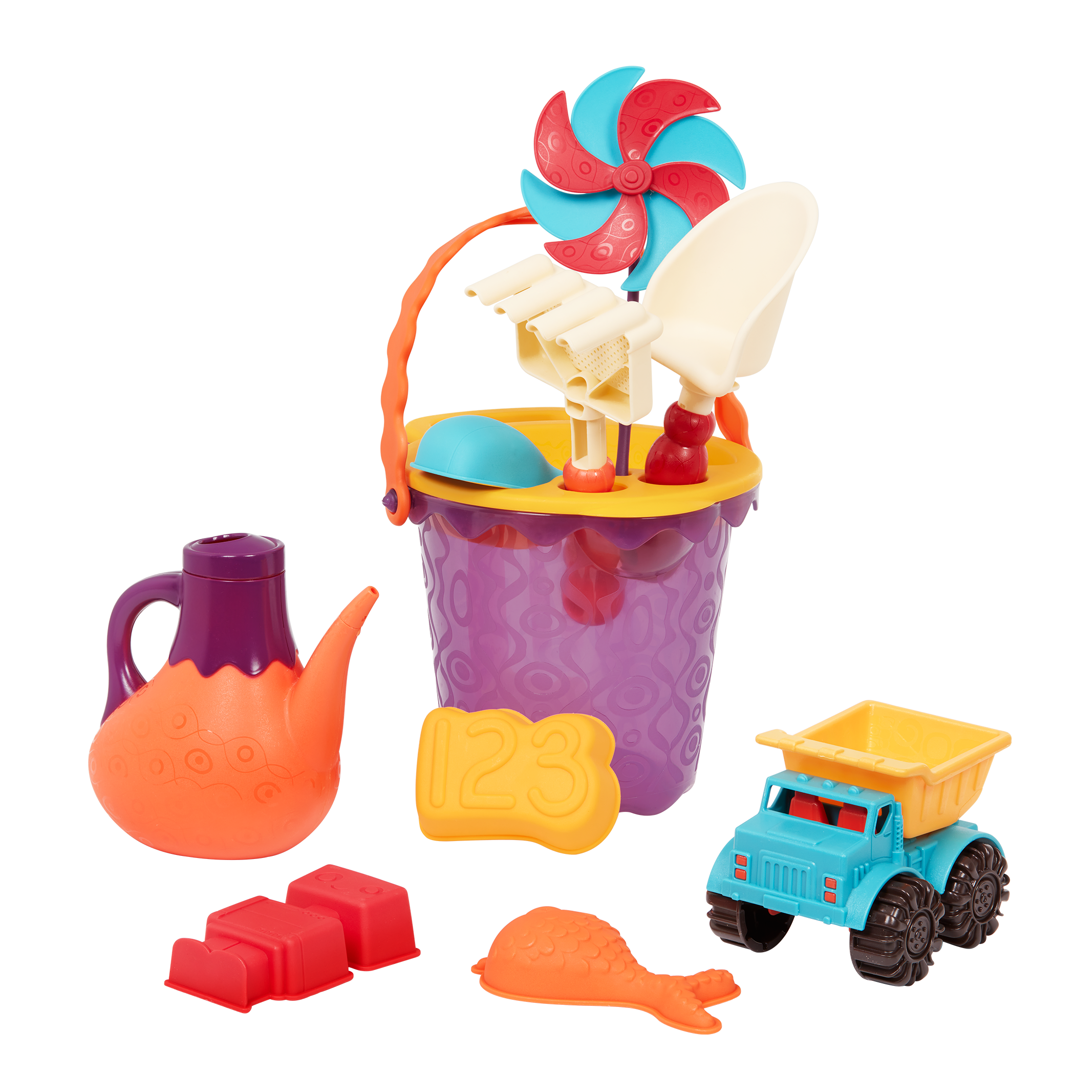 Beach toys with purple bucket.