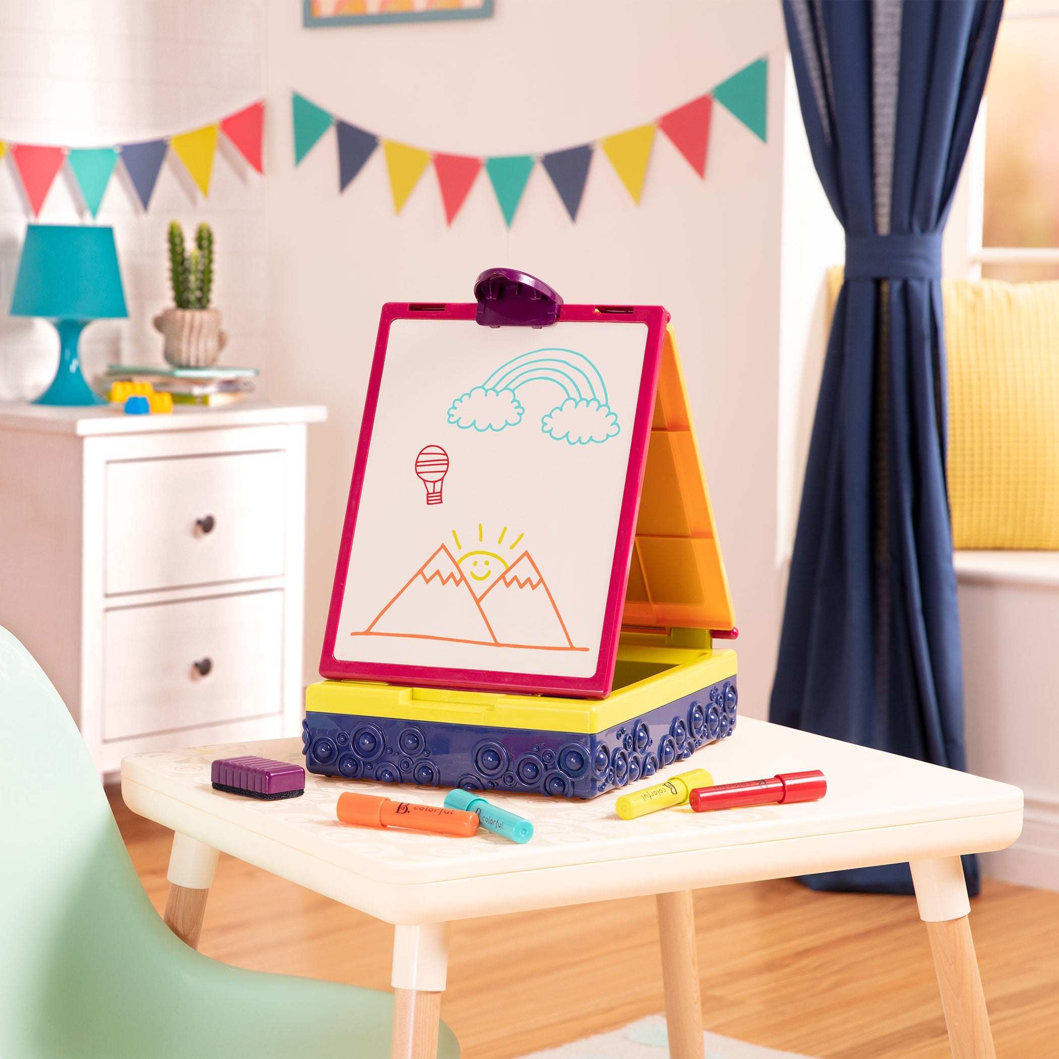 Tabletop easel with markers and chalk