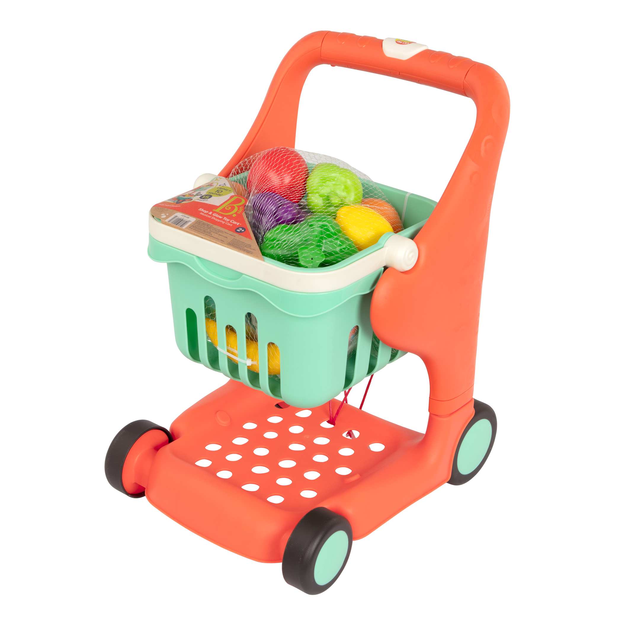 Toy shopping cart with play food.