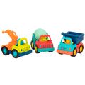 Three toy trucks with drivers.