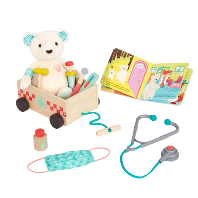 Teddy bear with book, wagon and wooden doctor tools for kids.