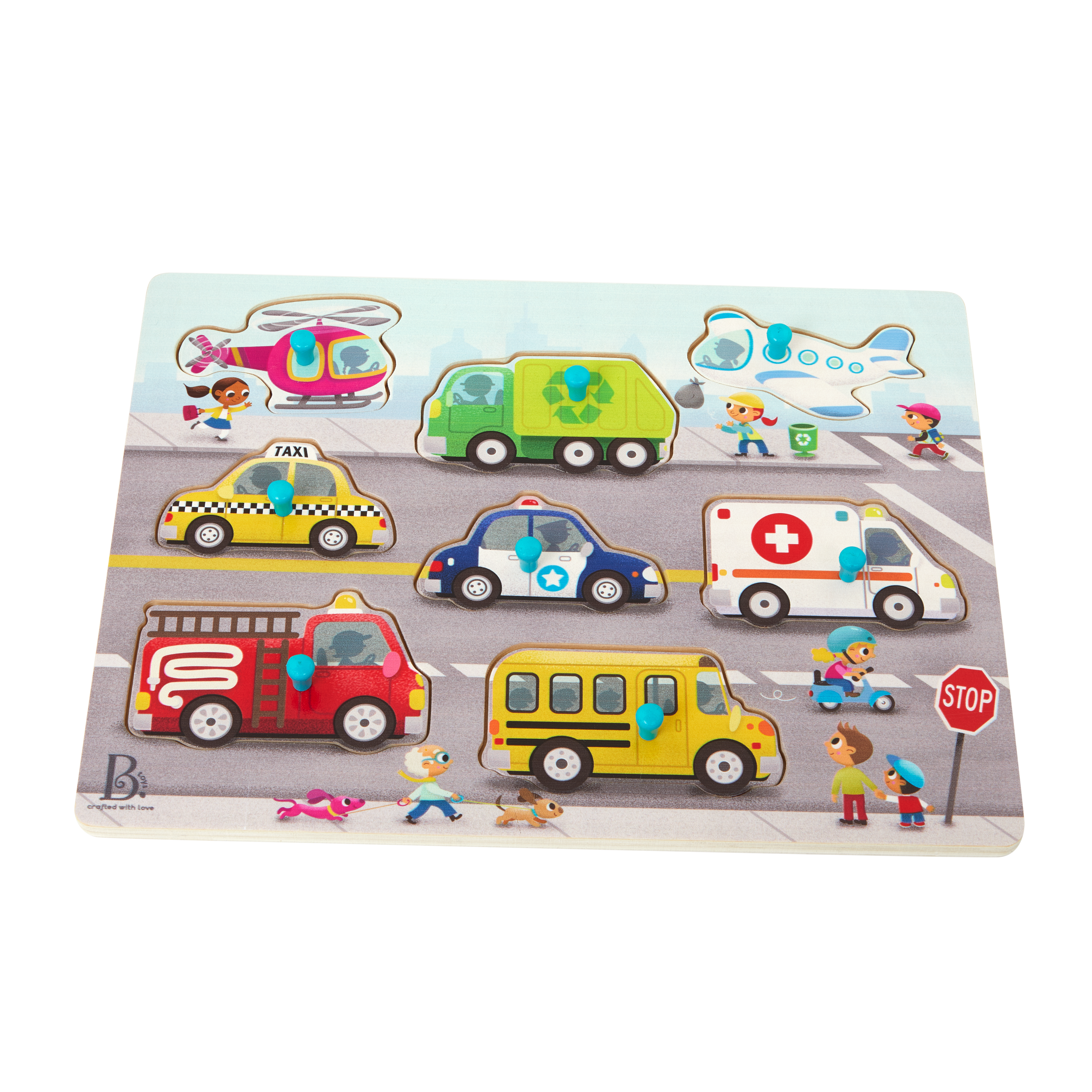 Peg puzzle with vehicles.