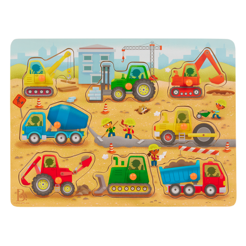 Peg puzzle with construction trucks.