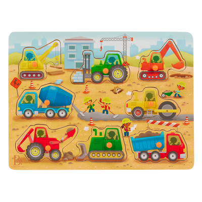 Peg puzzle with construction trucks.