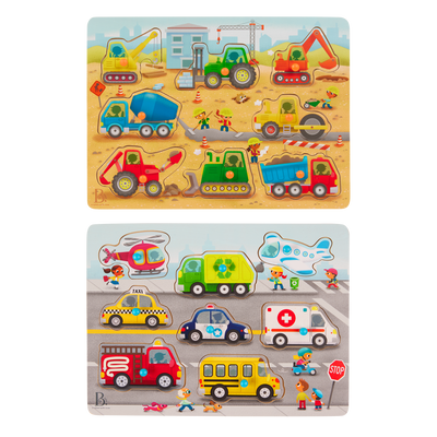 Wooden peg puzzles for toddlers trucks cars construction