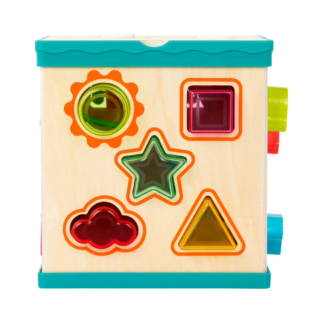 tabletop portable wooden activity cube and baby book
