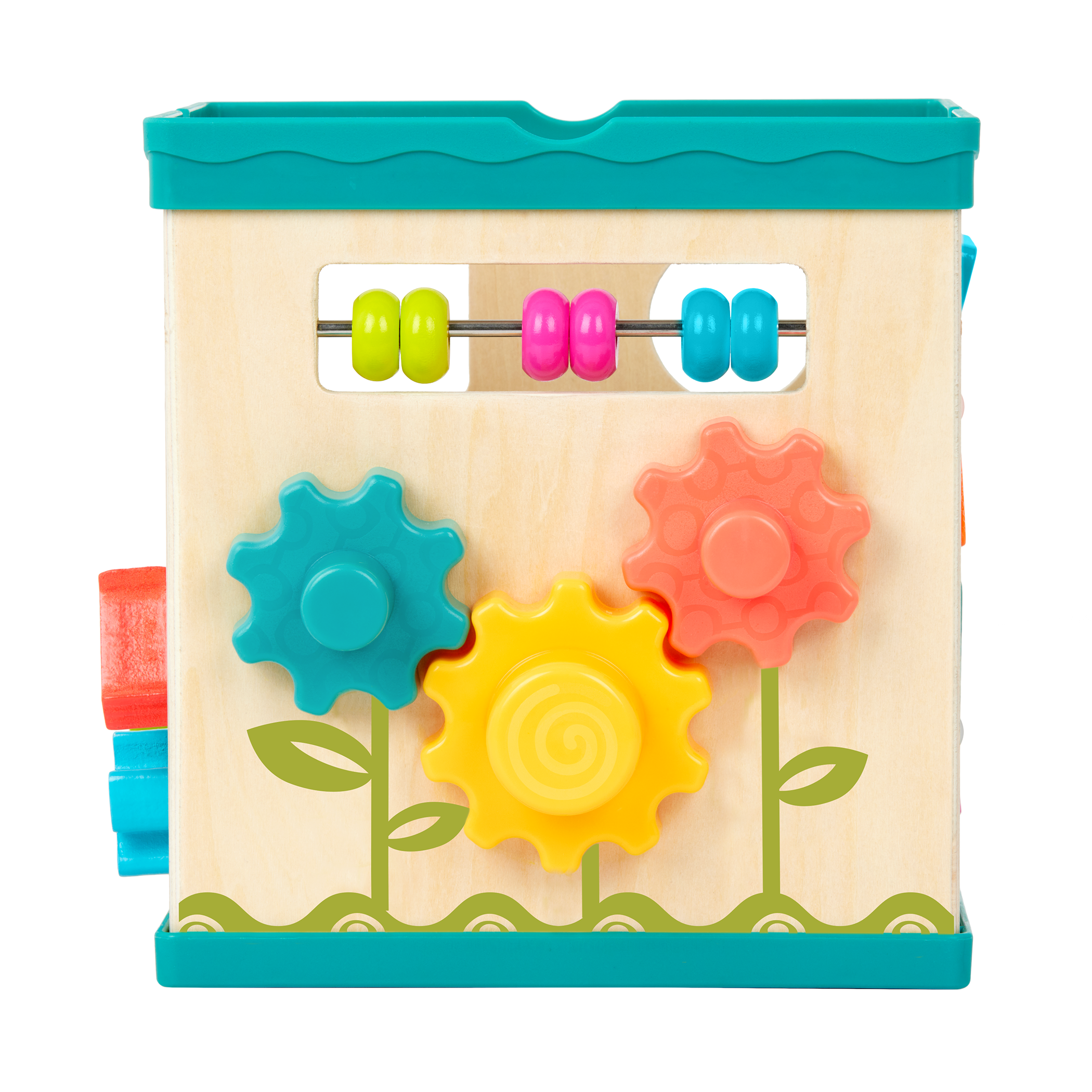 tabletop portable wooden activity cube and baby book
