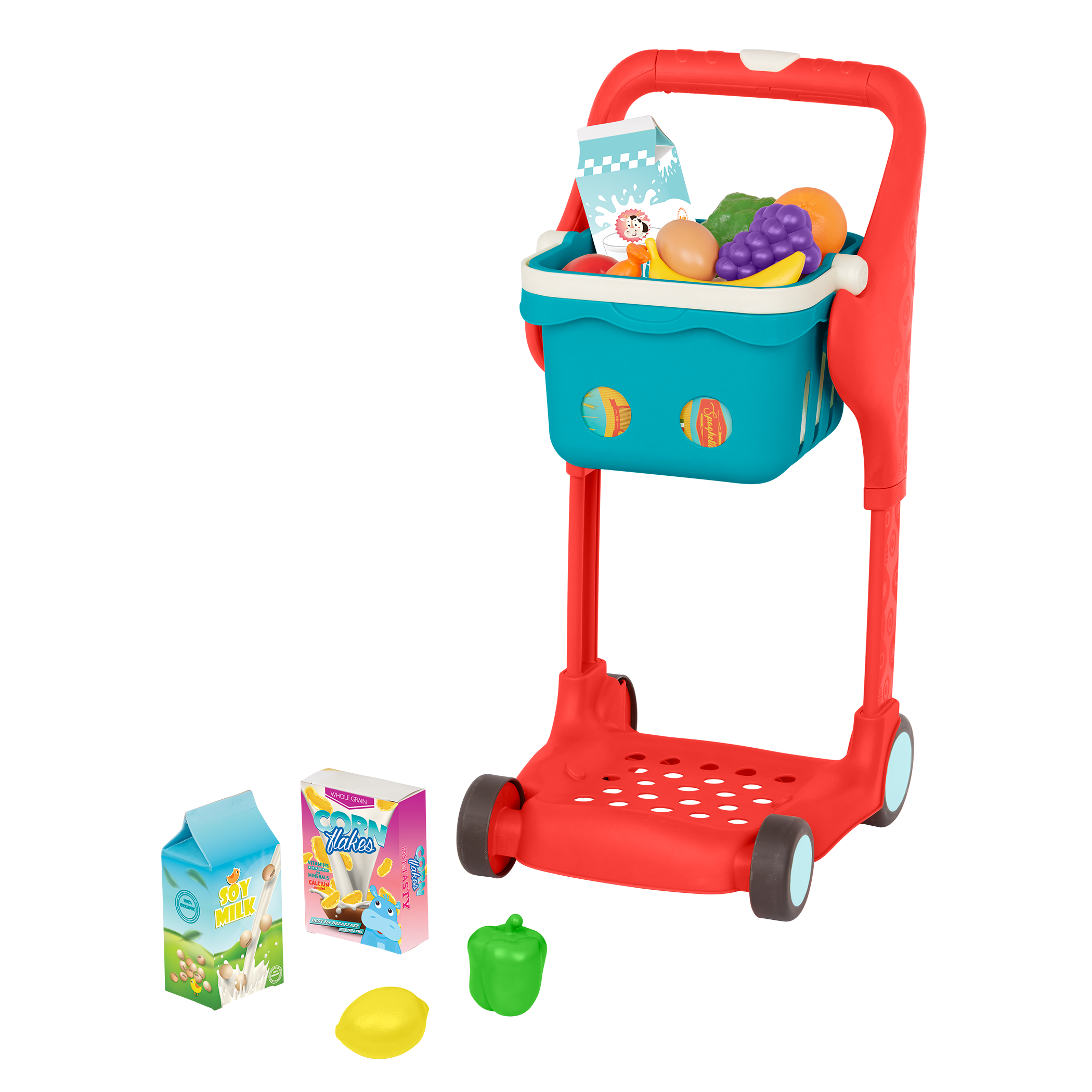 Toy shopping cart with groceries.