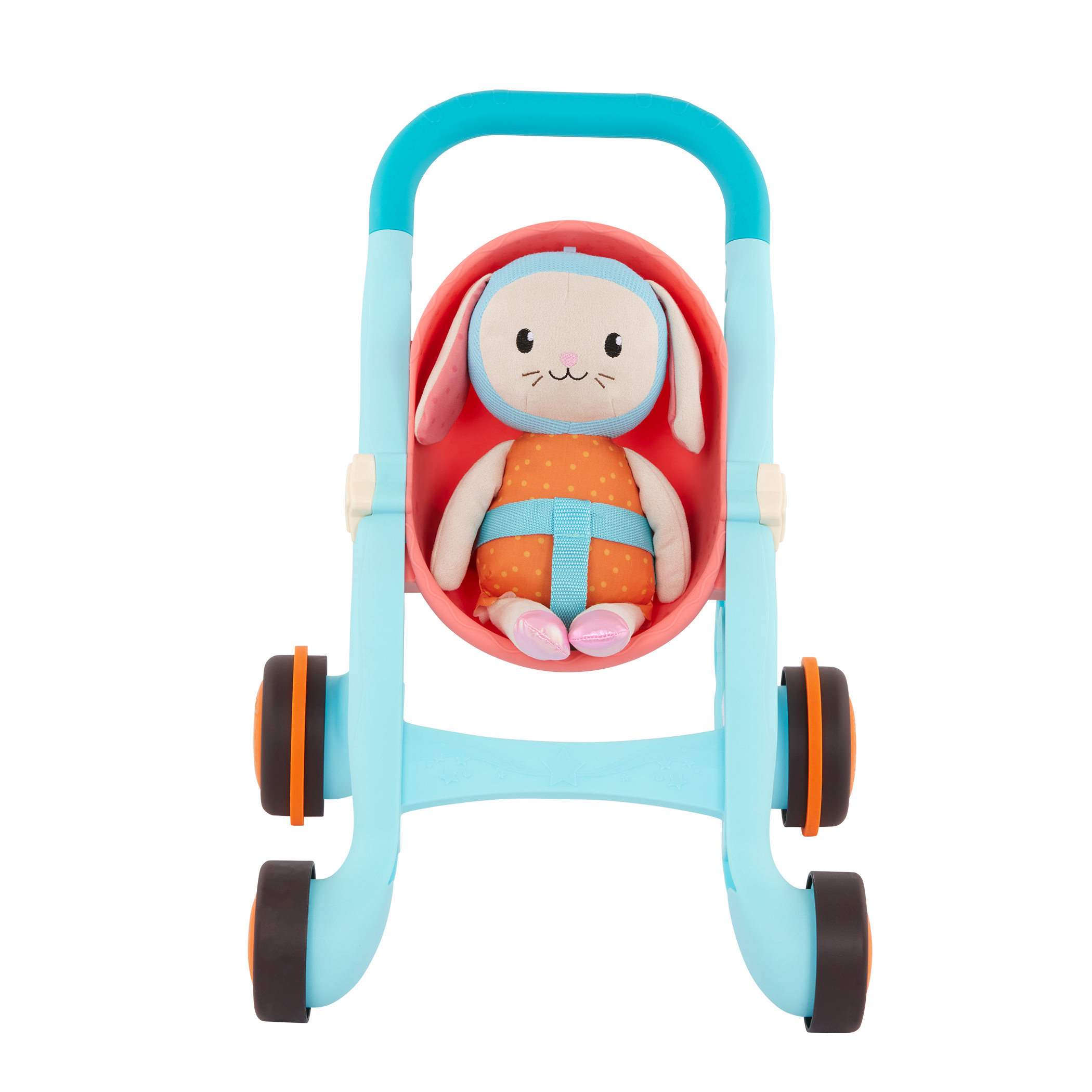 Toy stroller with plush bunny.