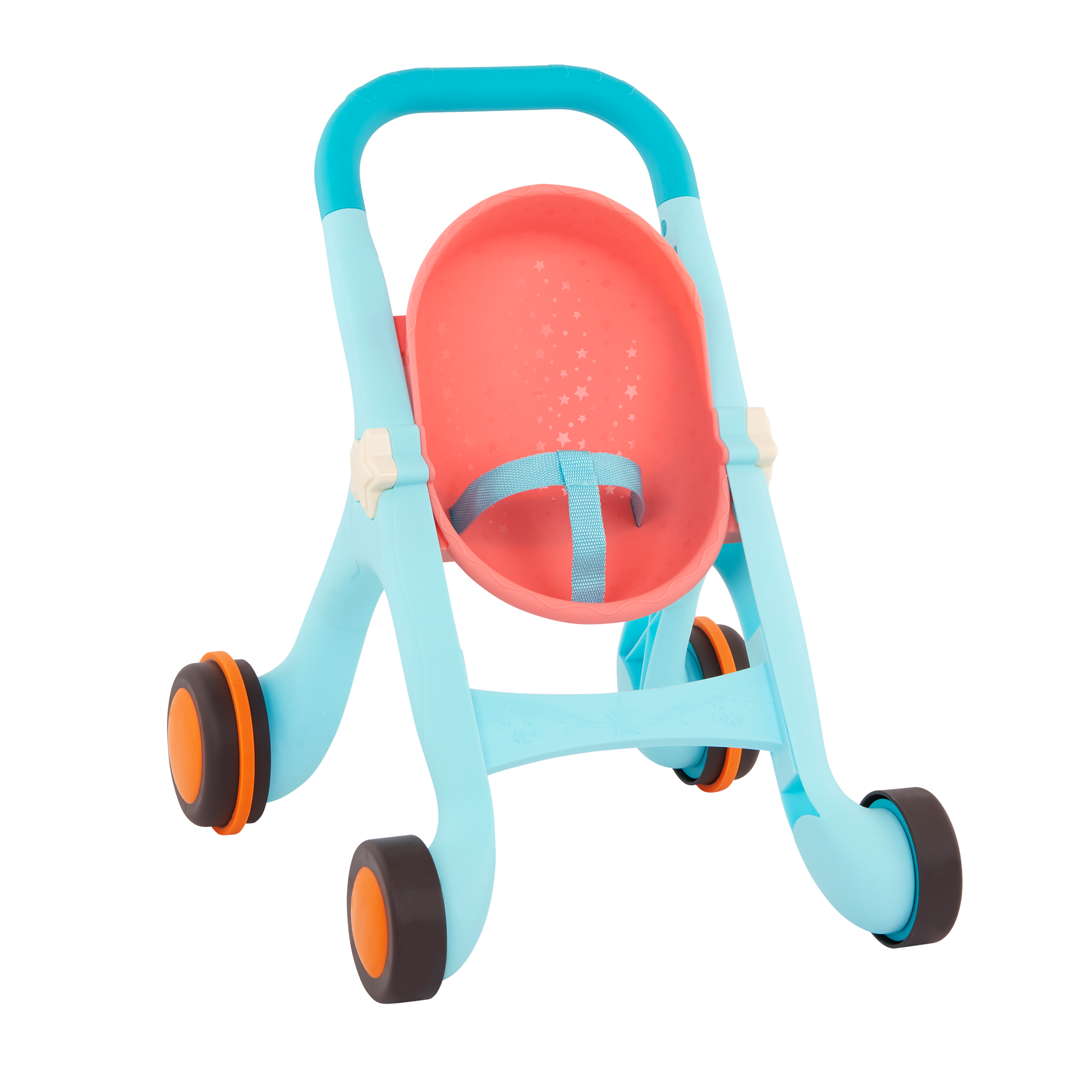 Toy stroller with plush bunny.