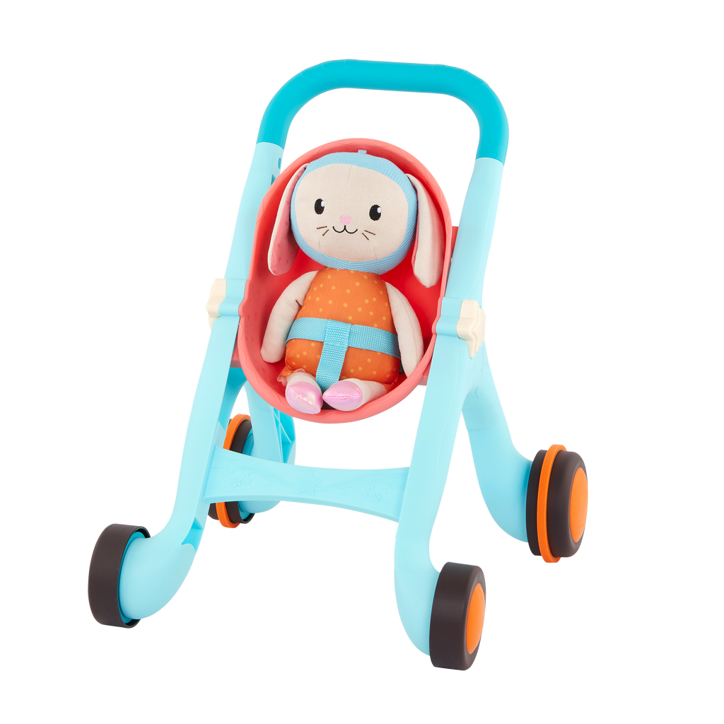 Toy stroller with plush bunny.