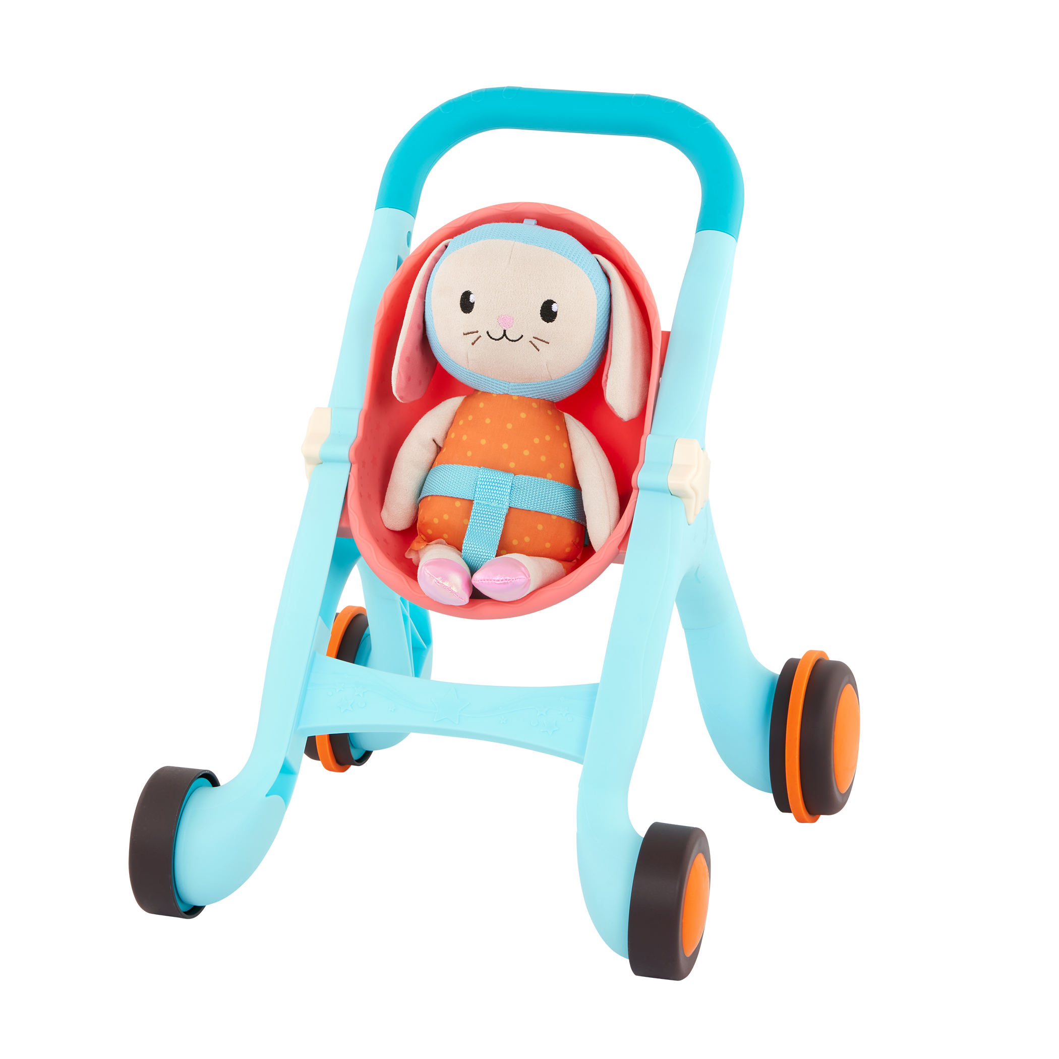 Toy stroller with plush bunny.