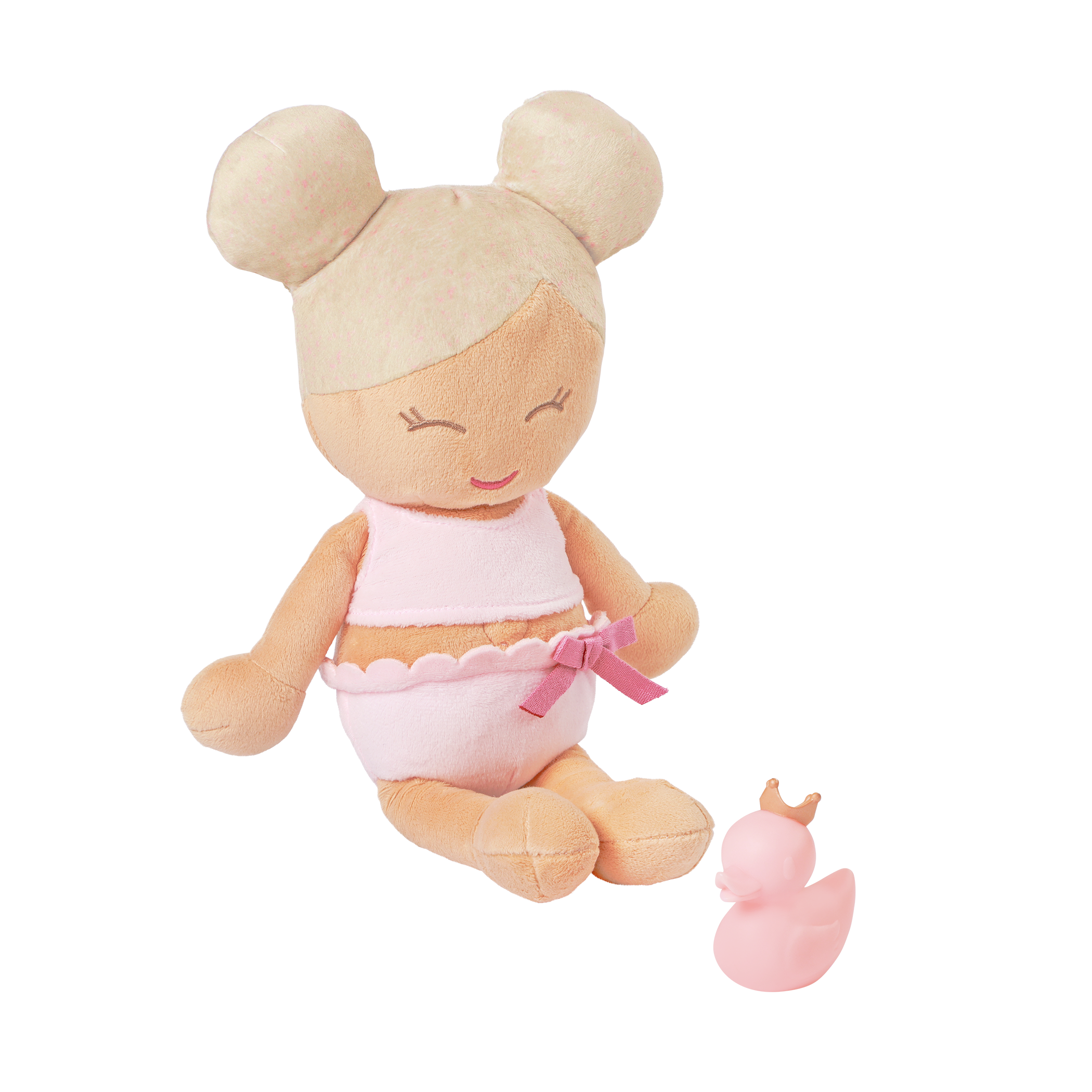 Plush Bath Doll with Blonde Hair and pink rubber ducky